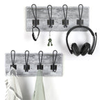 Set of 2 Rustic Wood Wall Hooks for Keys and Coats - Gray White Decorative Hanger with 4 Prongs for Entryway, Bathroom, or Bedroom Organizer