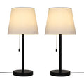 Set of 2 Modern Black Metal Bedside Table Lamps with White Fabric Shades & Pull Chains, 20inch