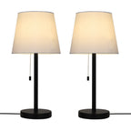 Set of 2 Modern Black Metal Bedside Table Lamps with White Fabric Shades & Pull Chains, 20inch