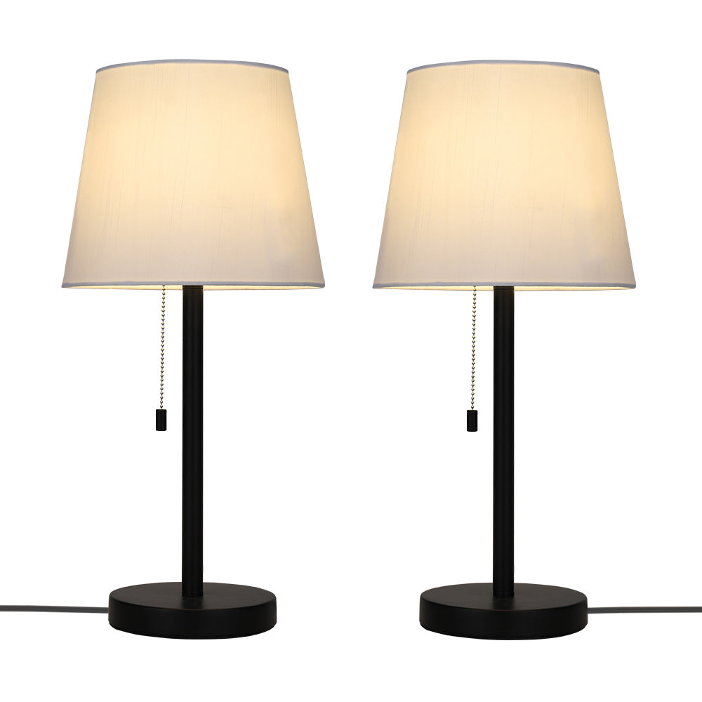 Set of 2 Modern Black Metal Bedside Table Lamps with White Fabric Shades & Pull Chains, 20inch