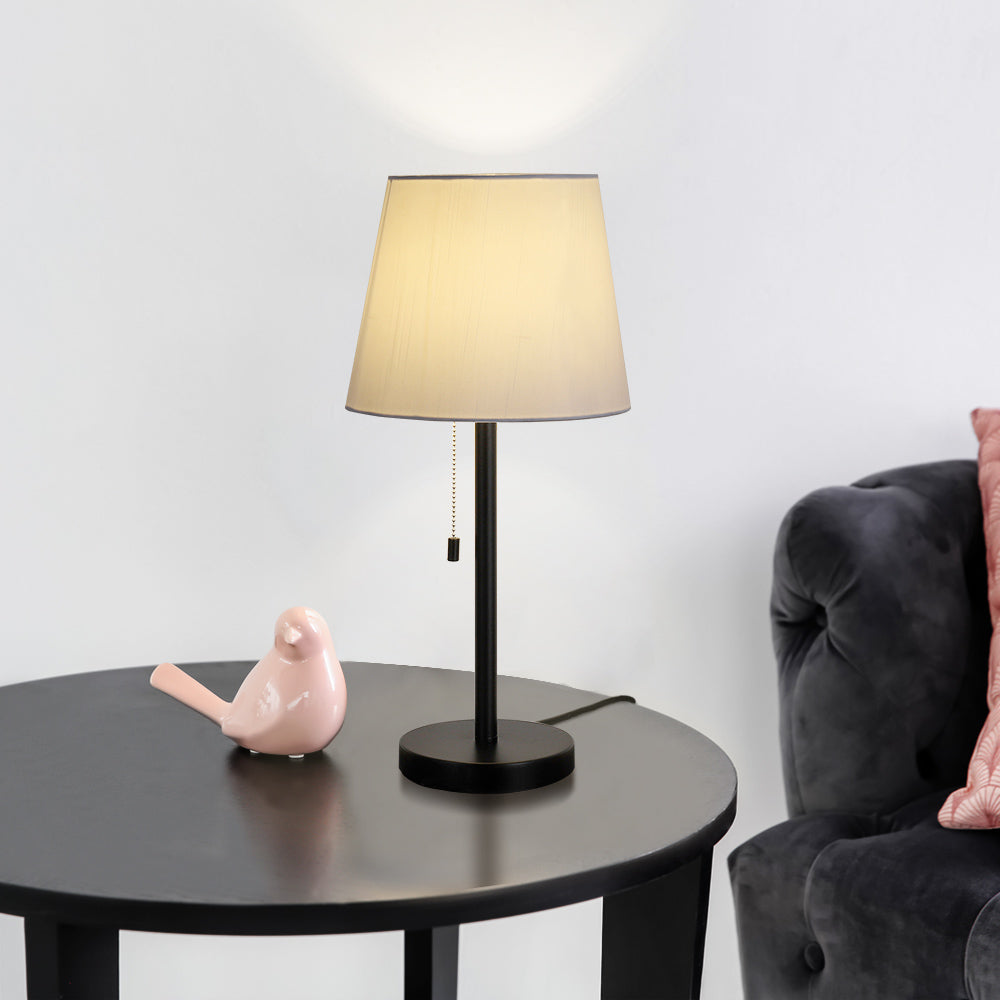 Set of 2 Modern Black Metal Bedside Table Lamps with White Fabric Shades & Pull Chains, 20inch