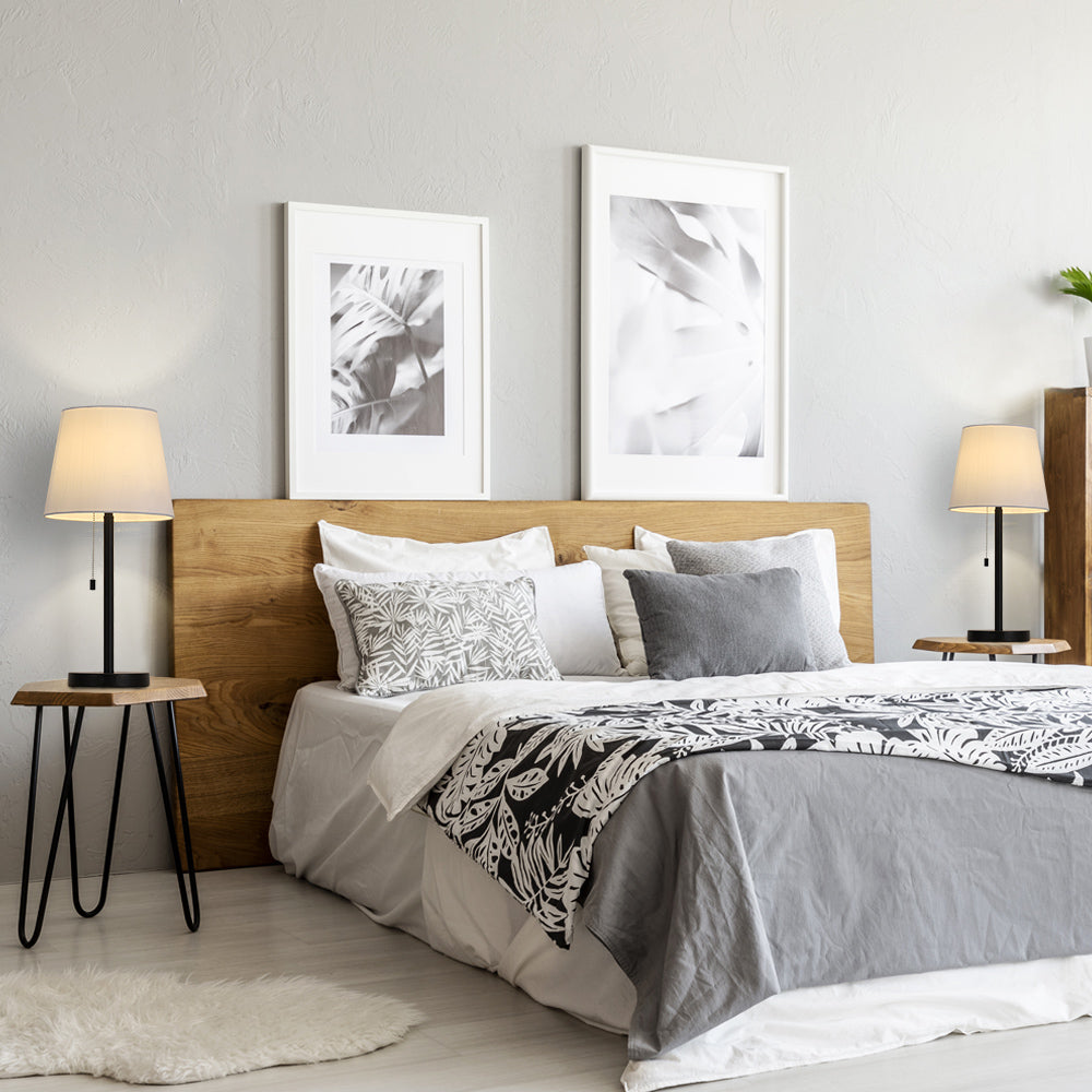 Set of 2 Modern Black Metal Bedside Table Lamps with White Fabric Shades & Pull Chains, 20inch
