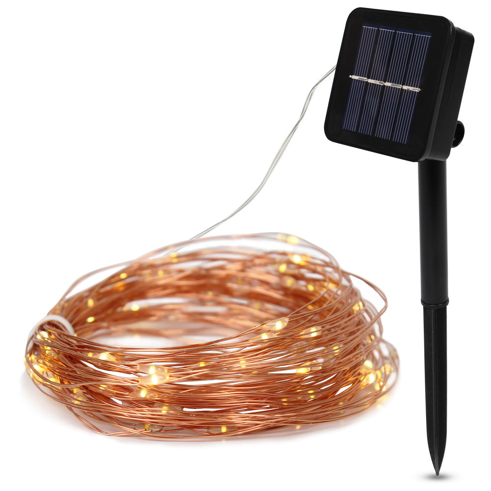 33ft Solar Powered Copper Wire Fairy String Lights - Waterproof, 8 Modes, Warm White