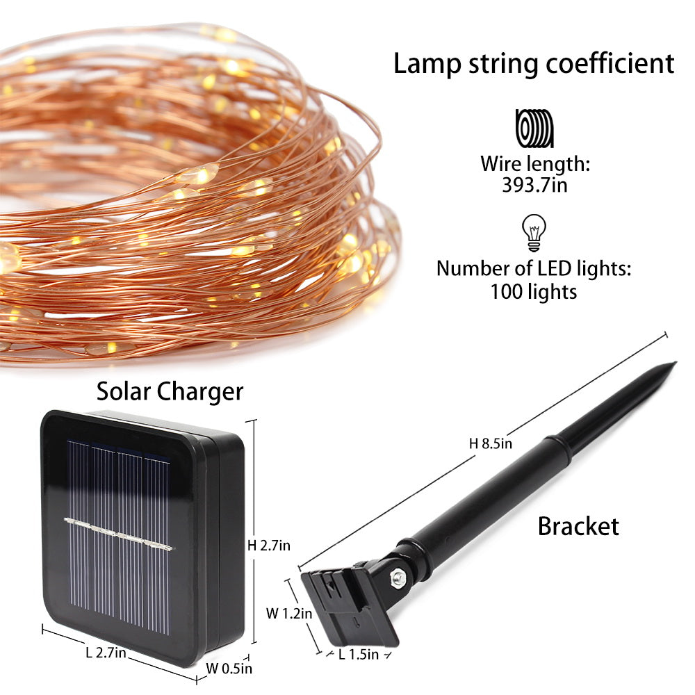 33ft Solar Powered Copper Wire Fairy String Lights - Waterproof, 8 Modes, Warm White