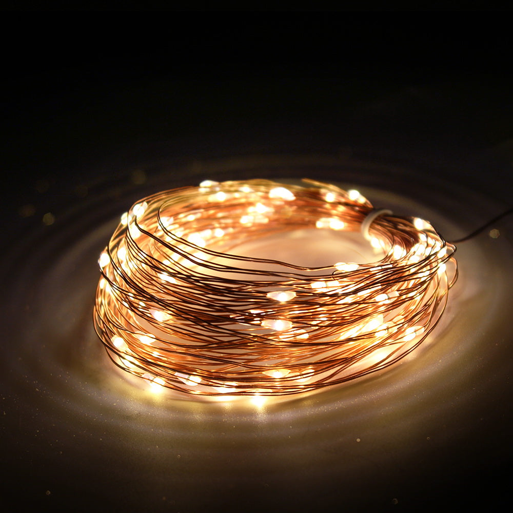 33ft Solar Powered Copper Wire Fairy String Lights - Waterproof, 8 Modes, Warm White