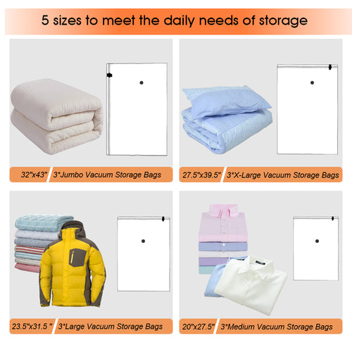 15-Pack Assorted Reusable Vacuum Compression Storage Bags with Hand Pump