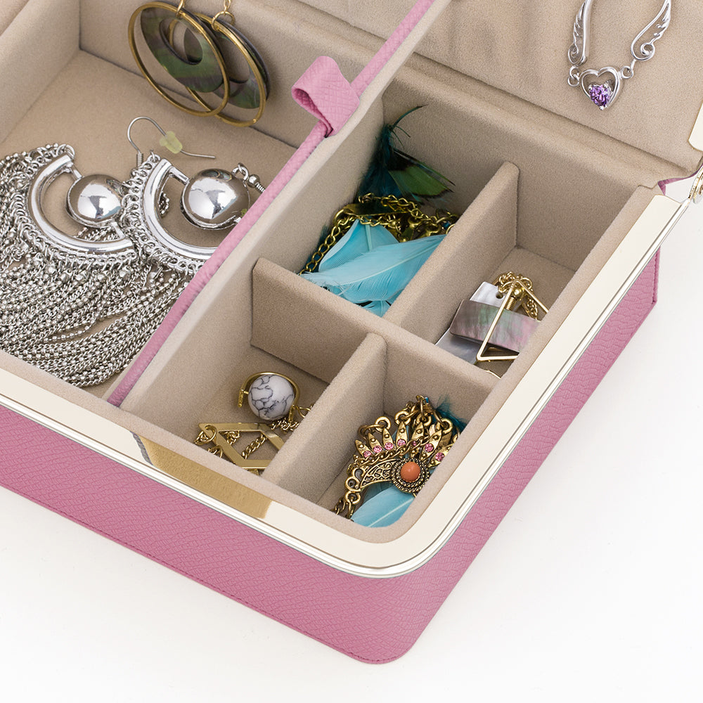 Compact Leather Jewelry Storage Box Organizer with Built-in Mirror
