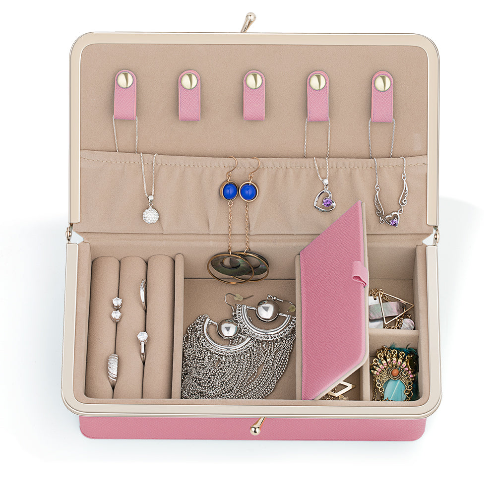 Compact Leather Jewelry Storage Box Organizer with Built-in Mirror
