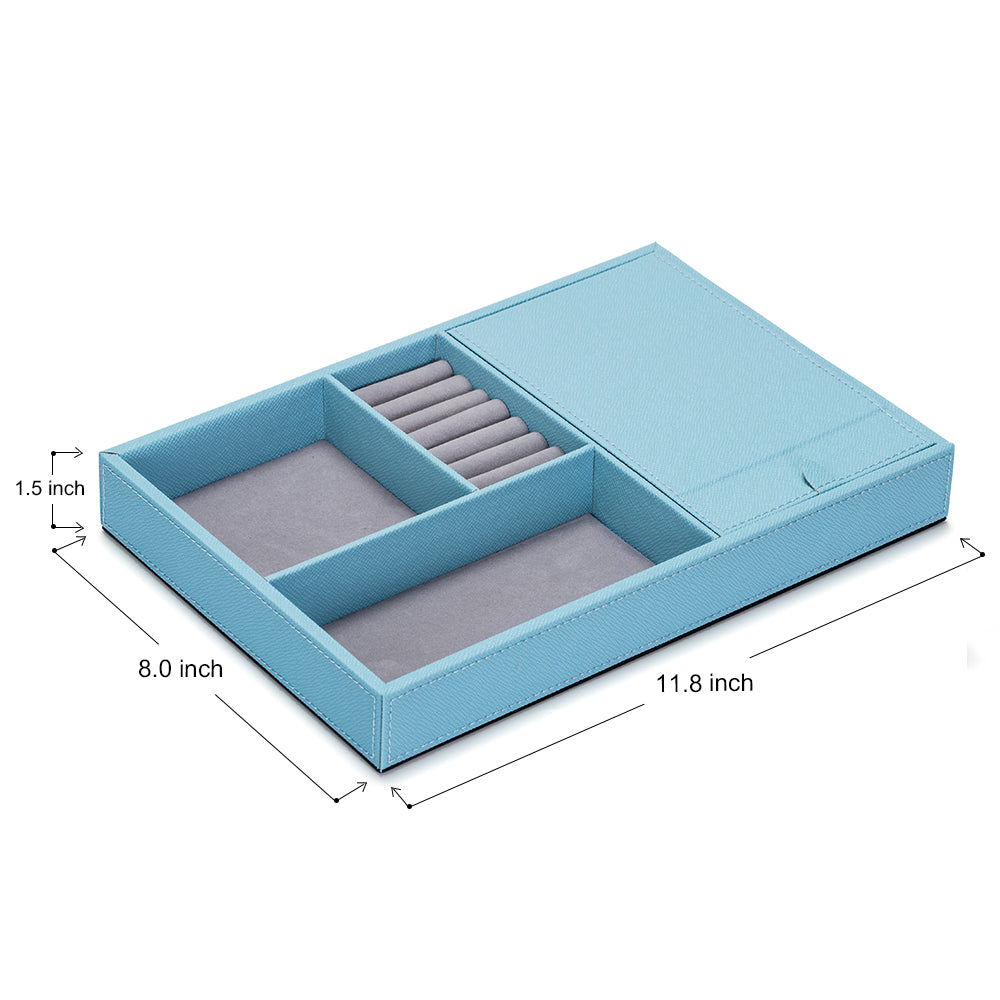 Aqua Blue Leather Jewelry Organizer Box & Display Tray with Built-in Mirror