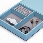Aqua Blue Leather Jewelry Organizer Box & Display Tray with Built-in Mirror