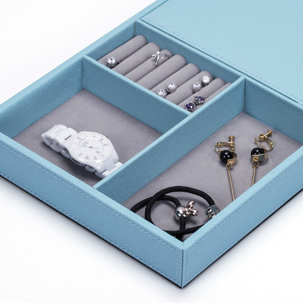 Aqua Blue Leather Jewelry Organizer Box & Display Tray with Built-in Mirror