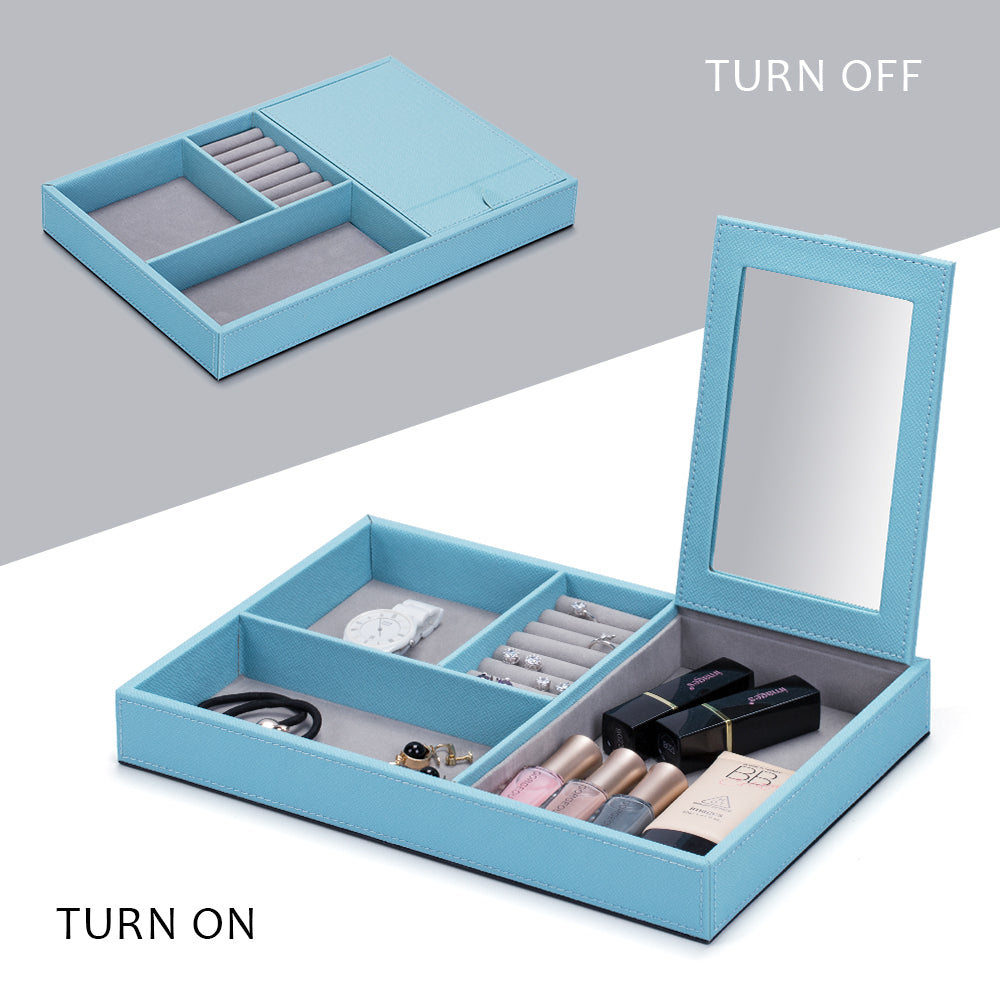Aqua Blue Leather Jewelry Organizer Box & Display Tray with Built-in Mirror