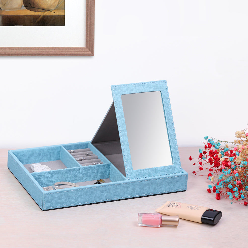Aqua Blue Leather Jewelry Organizer Box & Display Tray with Built-in Mirror