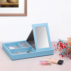 Aqua Blue Leather Jewelry Organizer Box & Display Tray with Built-in Mirror