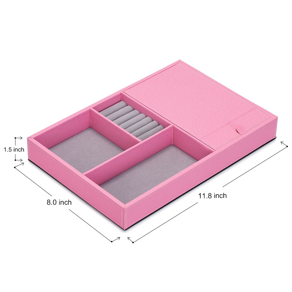 Pink Leather Jewelry Organizer Box & Display Tray with Built-in Mirror