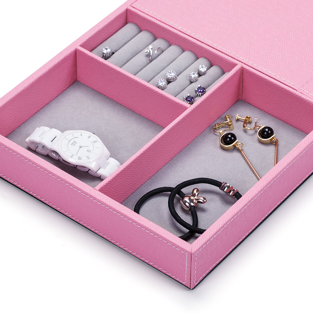 Pink Leather Jewelry Organizer Box & Display Tray with Built-in Mirror