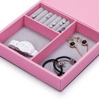 Pink Leather Jewelry Organizer Box & Display Tray with Built-in Mirror