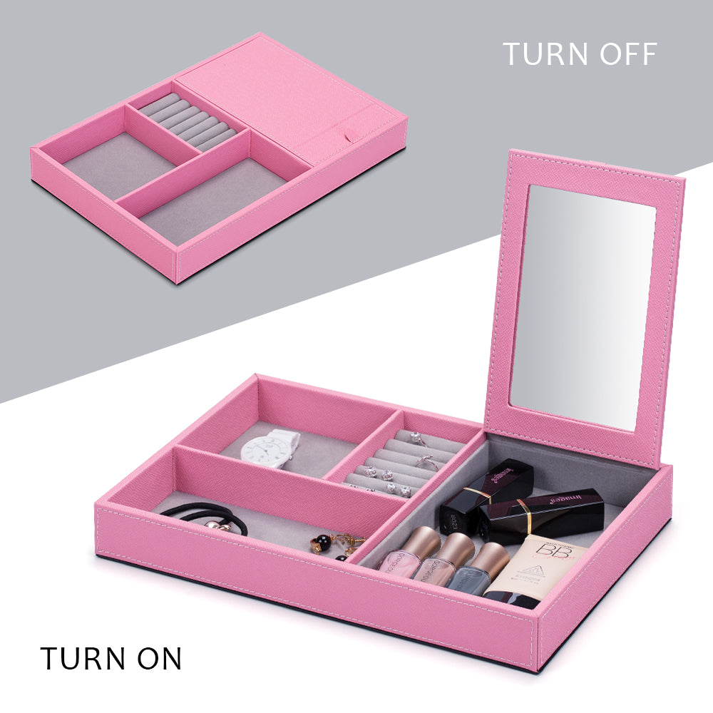 Pink Leather Jewelry Organizer Box & Display Tray with Built-in Mirror