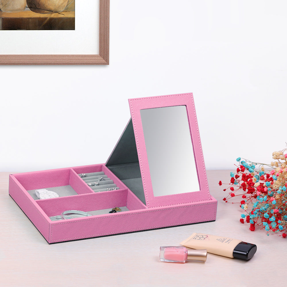 Pink Leather Jewelry Organizer Box & Display Tray with Built-in Mirror