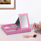 Pink Leather Jewelry Organizer Box & Display Tray with Built-in Mirror