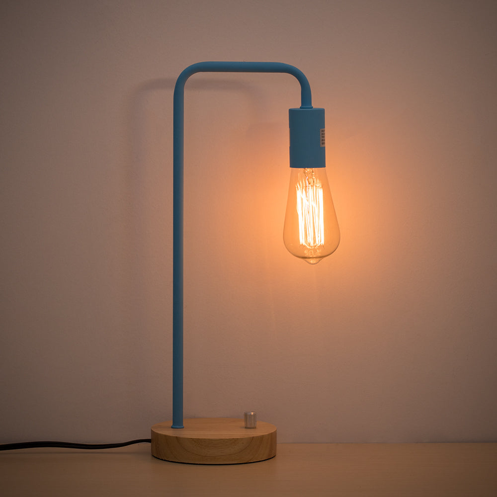Light Blue Industrial Pipe-Style Modern Desk Lamp with Wood Base