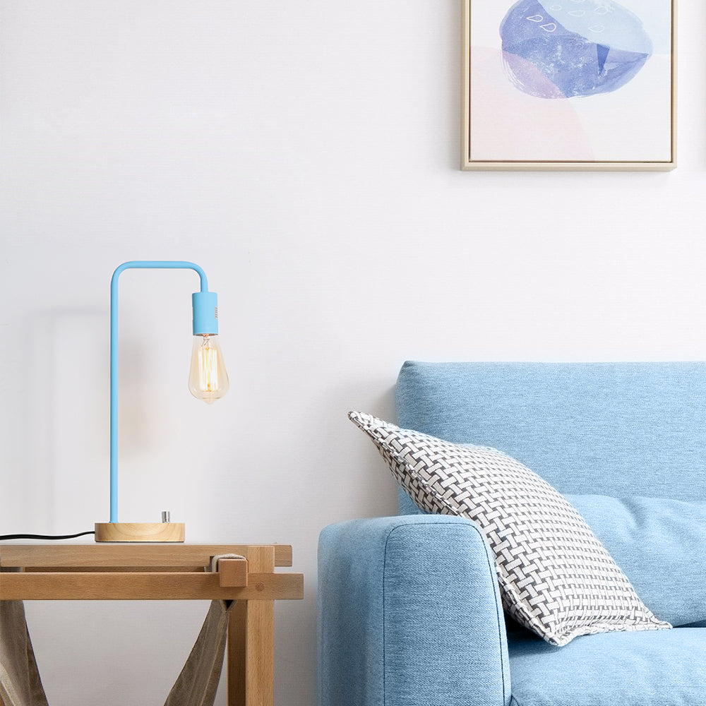 Light Blue Industrial Pipe-Style Modern Desk Lamp with Wood Base