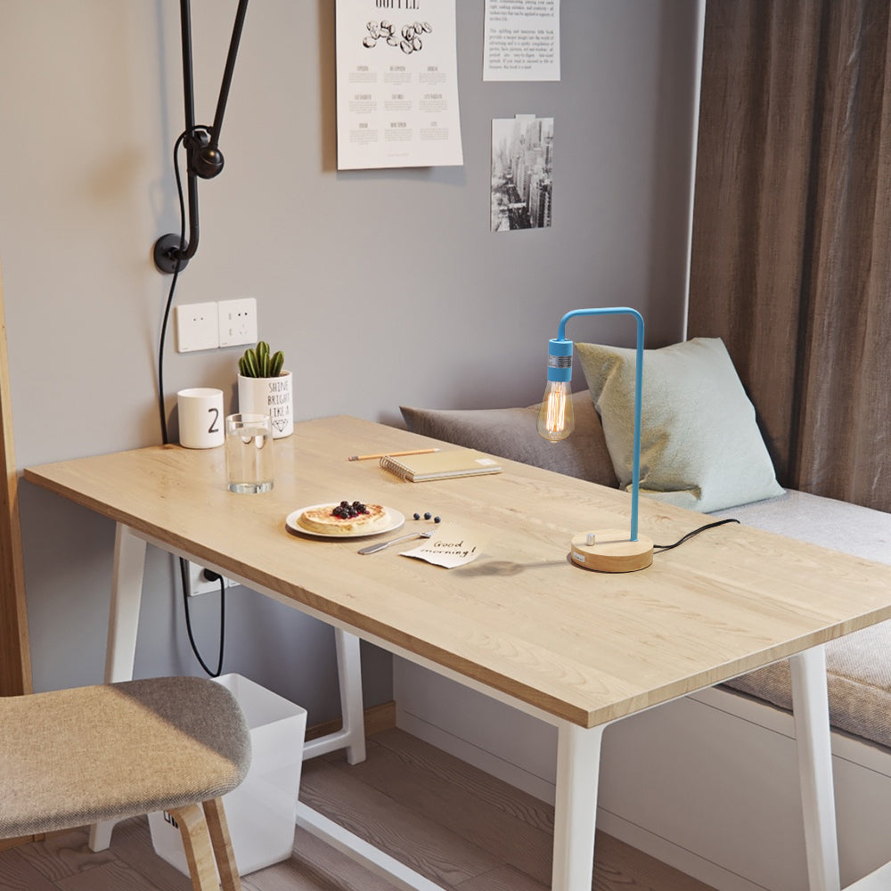 Light Blue Industrial Pipe-Style Modern Desk Lamp with Wood Base