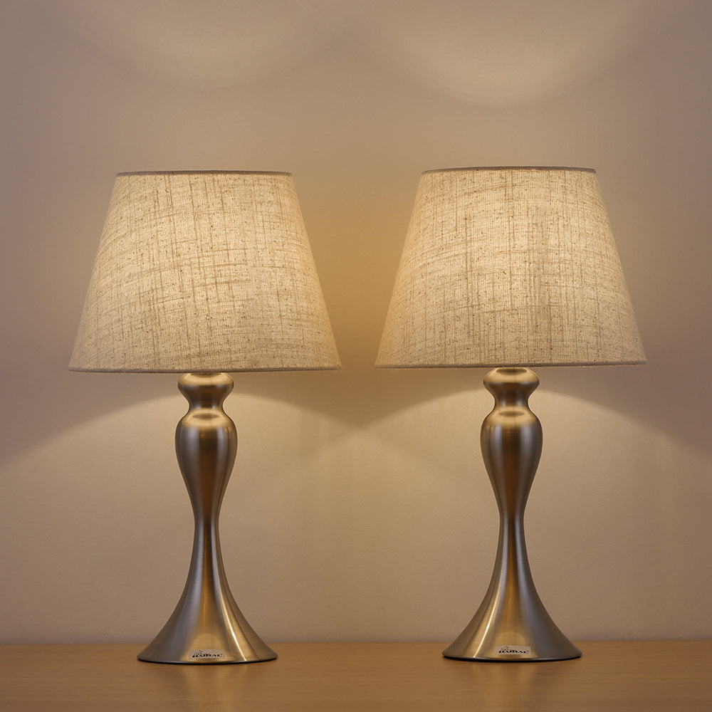 Set of 2 Elegant Silver Bedside Table Lamps with Fabric Shades