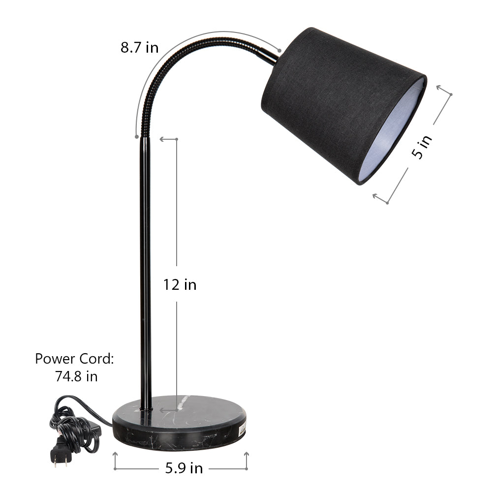 Modern Gooseneck Table Lamp with Marble Base and Black Fabric Shade