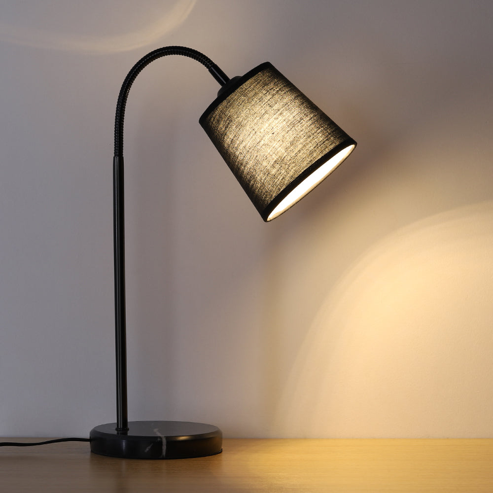 Modern Gooseneck Table Lamp with Marble Base and Black Fabric Shade