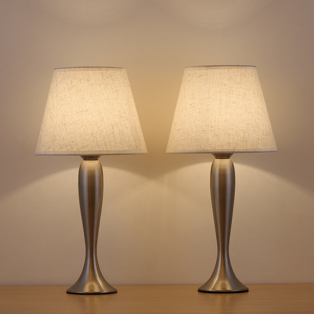 Set of 2 Silver Metal Bedside Table Lamps with Fabric Shades