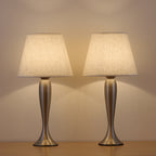 Set of 2 Silver Metal Bedside Table Lamps with Fabric Shades