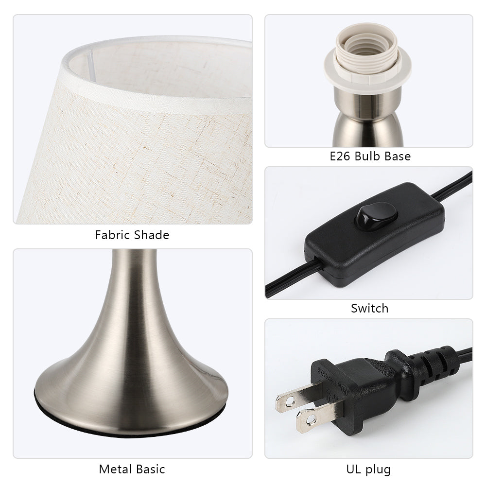 Set of 2 Silver Metal Bedside Table Lamps with Fabric Shades
