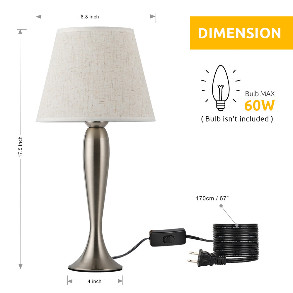 Set of 2 Silver Metal Bedside Table Lamps with Fabric Shades