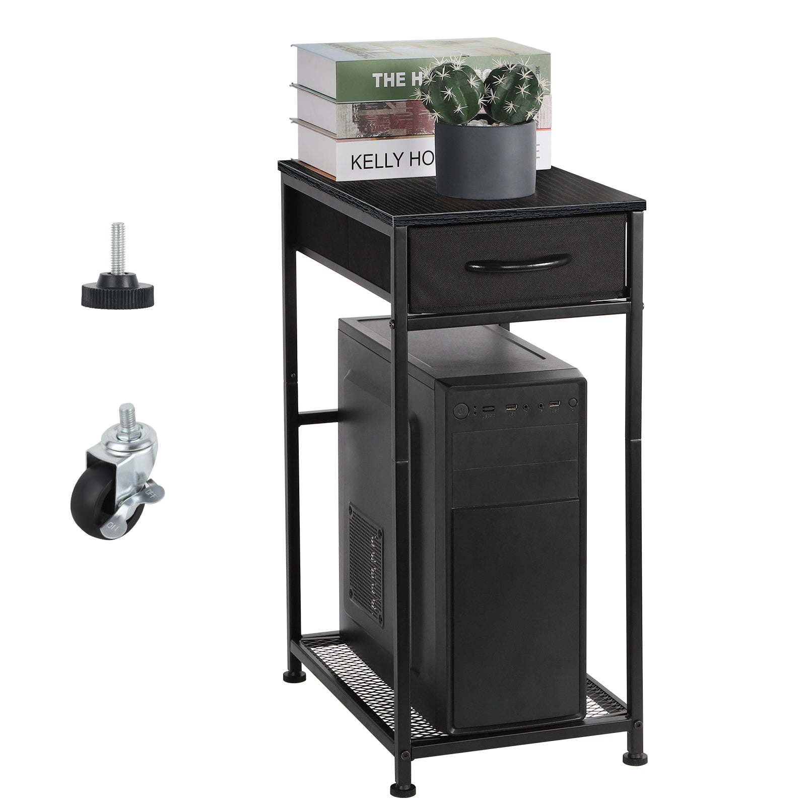2-Tier Mobile Computer Tower Stand with Storage Drawer, Metal PC Holder on Wheels for Home Office