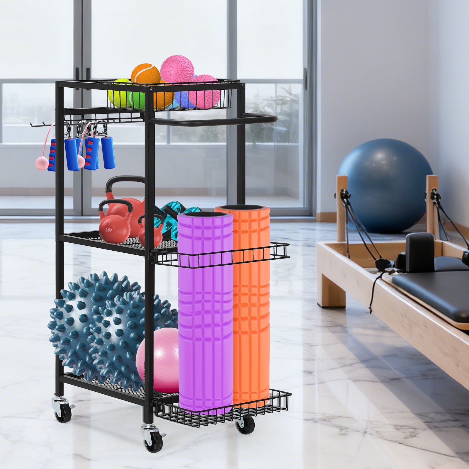 Home Gym Storage Rack - Dumbbell, Yoga Mat & Workout Equipment Organizer with Hooks