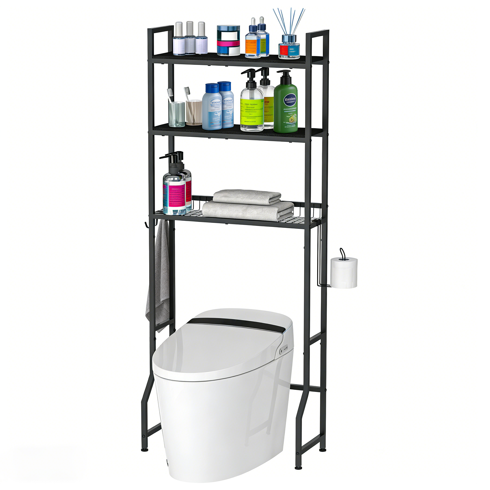 3-Tier Over The Toilet Storage Rack - Wooden Bathroom Space Saver with 4 Hooks