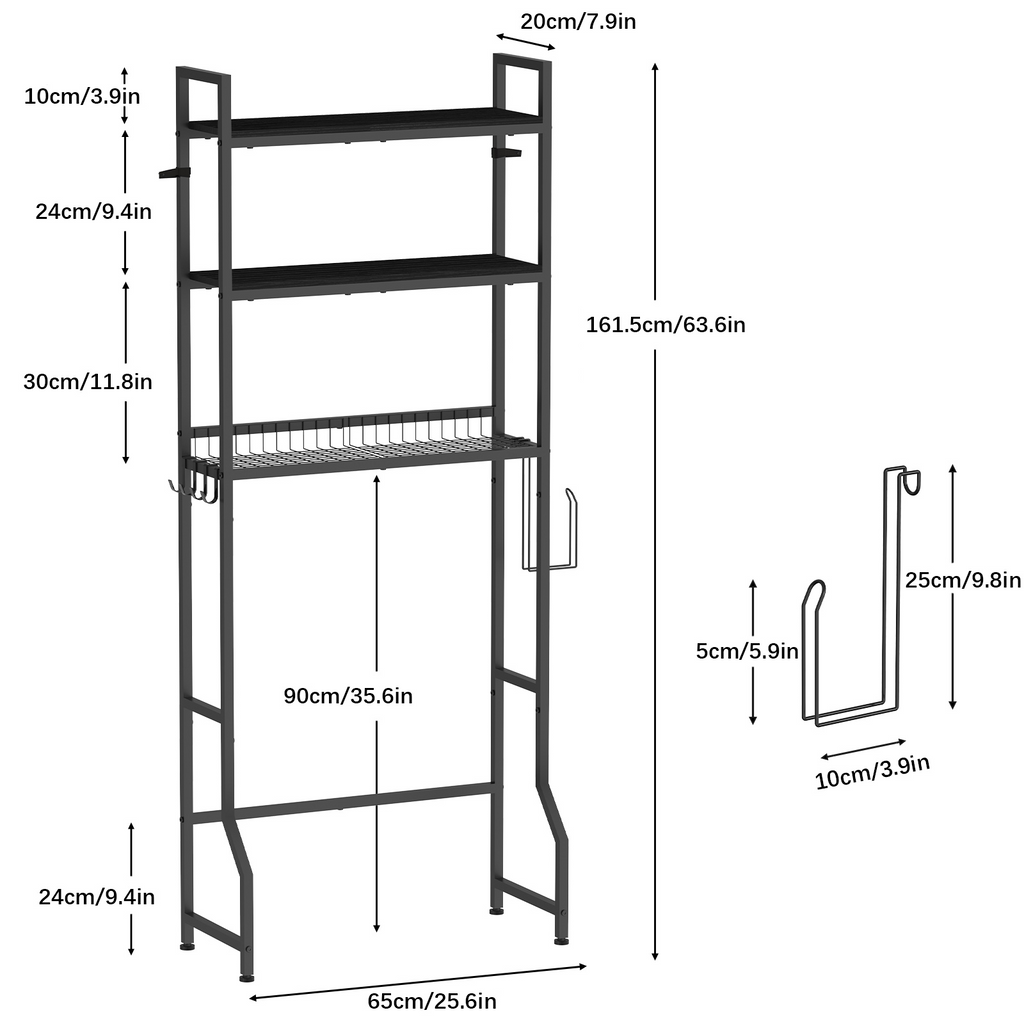 3-Tier Over The Toilet Storage Rack - Wooden Bathroom Space Saver with 4 Hooks