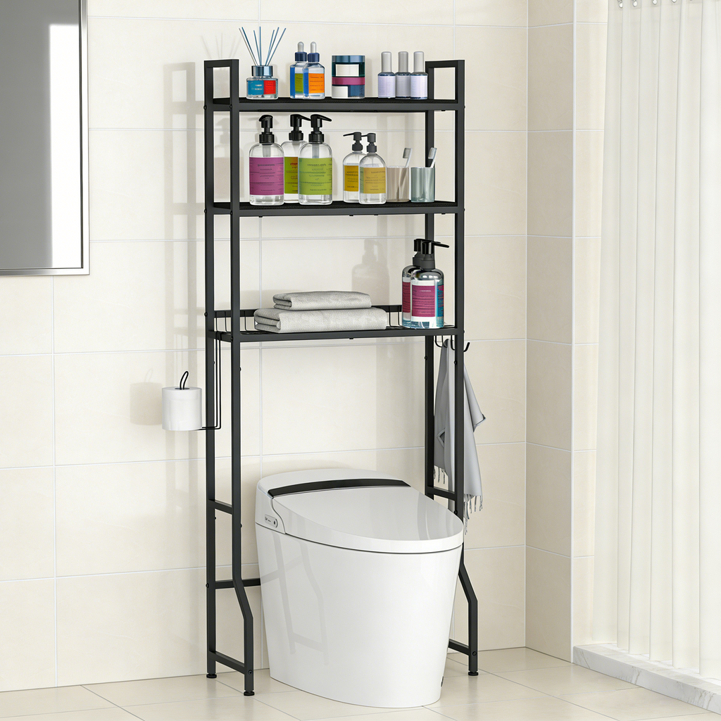 3-Tier Over The Toilet Storage Rack - Wooden Bathroom Space Saver with 4 Hooks