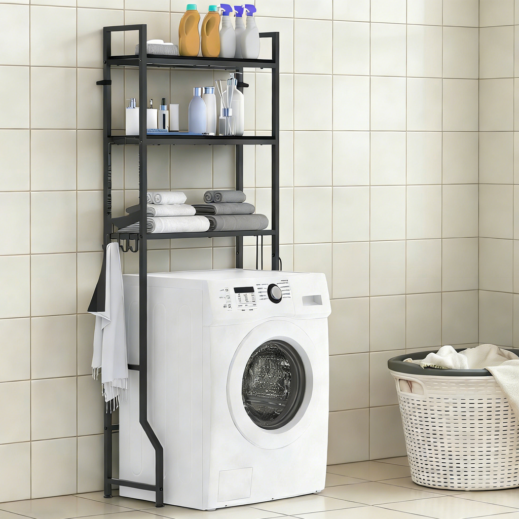 3-Tier Over The Toilet Storage Rack - Wooden Bathroom Space Saver with 4 Hooks