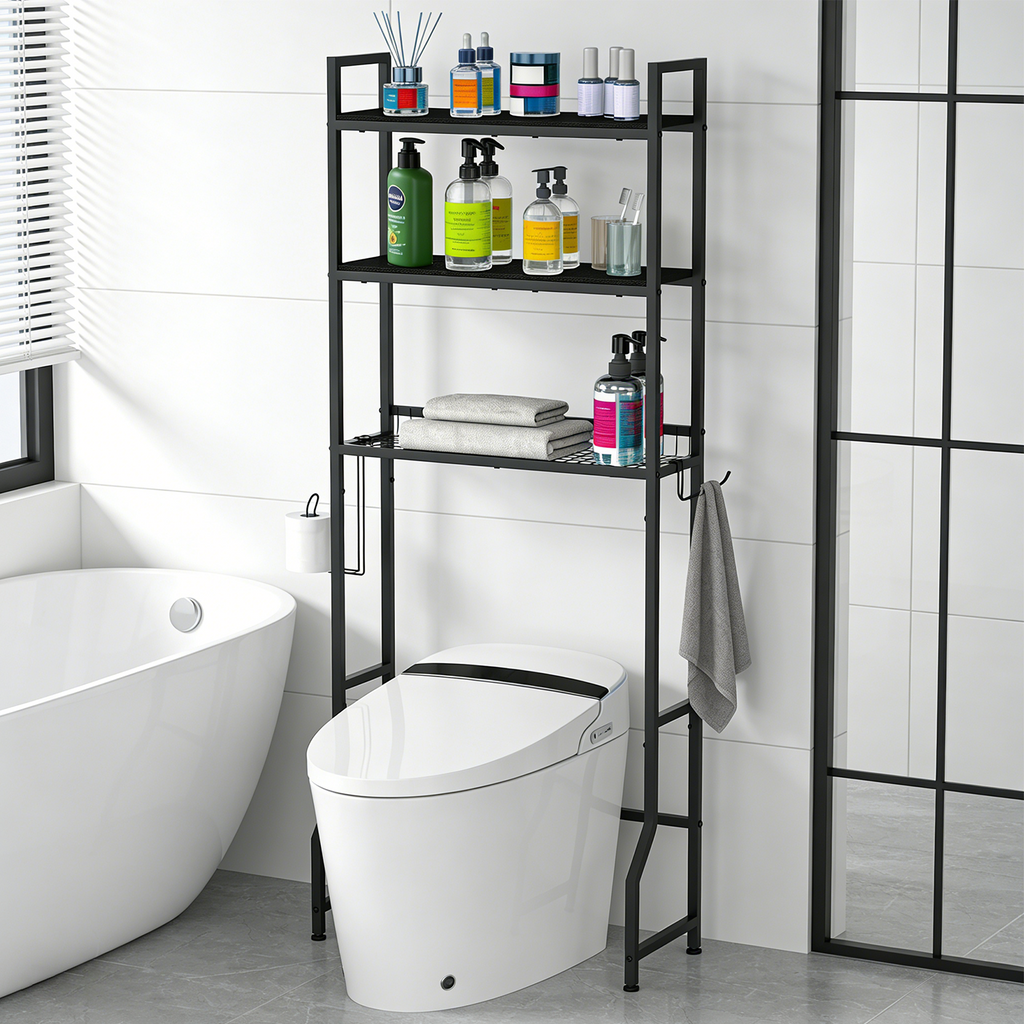 3-Tier Over The Toilet Storage Rack - Wooden Bathroom Space Saver with 4 Hooks