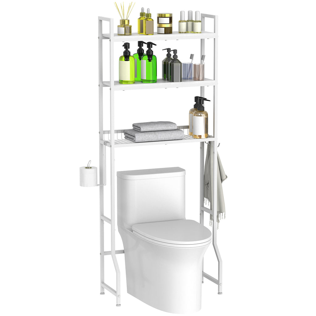 3-Tier Over The Toilet Storage Rack - Wooden Bathroom Space Saver with 4 Hooks