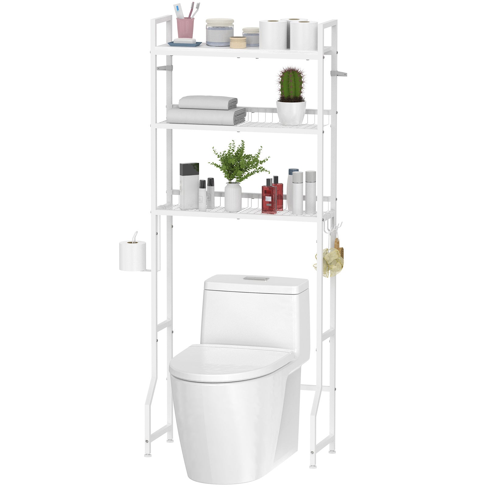 3-Tier Over the Toilet Storage Rack, Freestanding Space-Saving Bathroom Organizer, White Metal Shelf