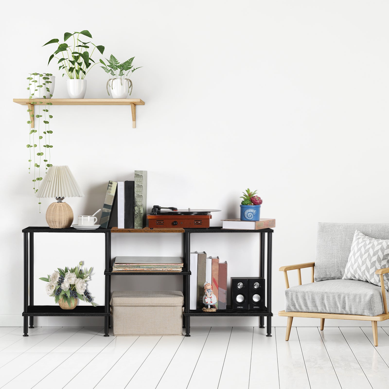 Modern 55inch TV Stand with Power Outlets, Media Console Center for Bedrooms up to 50inch, Entertainment Center with Storage Shelves, Black,