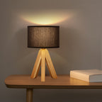 Modern Bedside Table Lamp with Wooden Tripod Base, Linen Fabric Shade Nightlight for Bedroom & Office