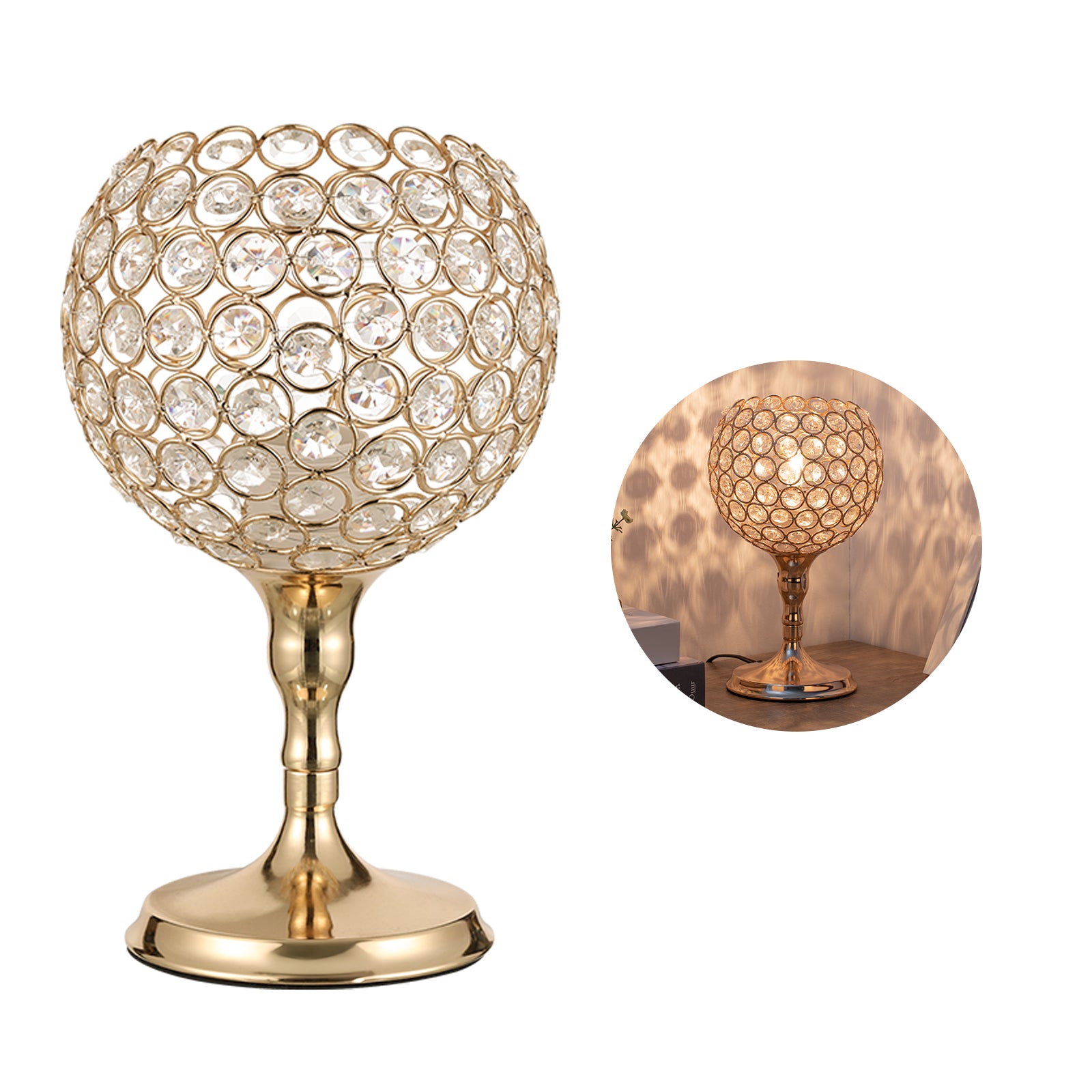 Spherical Gold Crystal Desk Lamp, Elegant Decorative Bedside Lantern Night Light for Dresser & Hallway