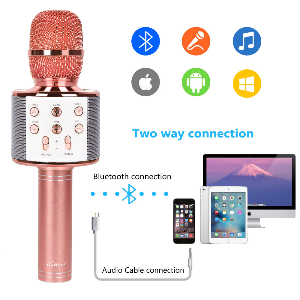 Rose Gold Bluetooth Karaoke Microphone Handheld Wireless Mic Speaker Portable Singing Microphone for Home Party