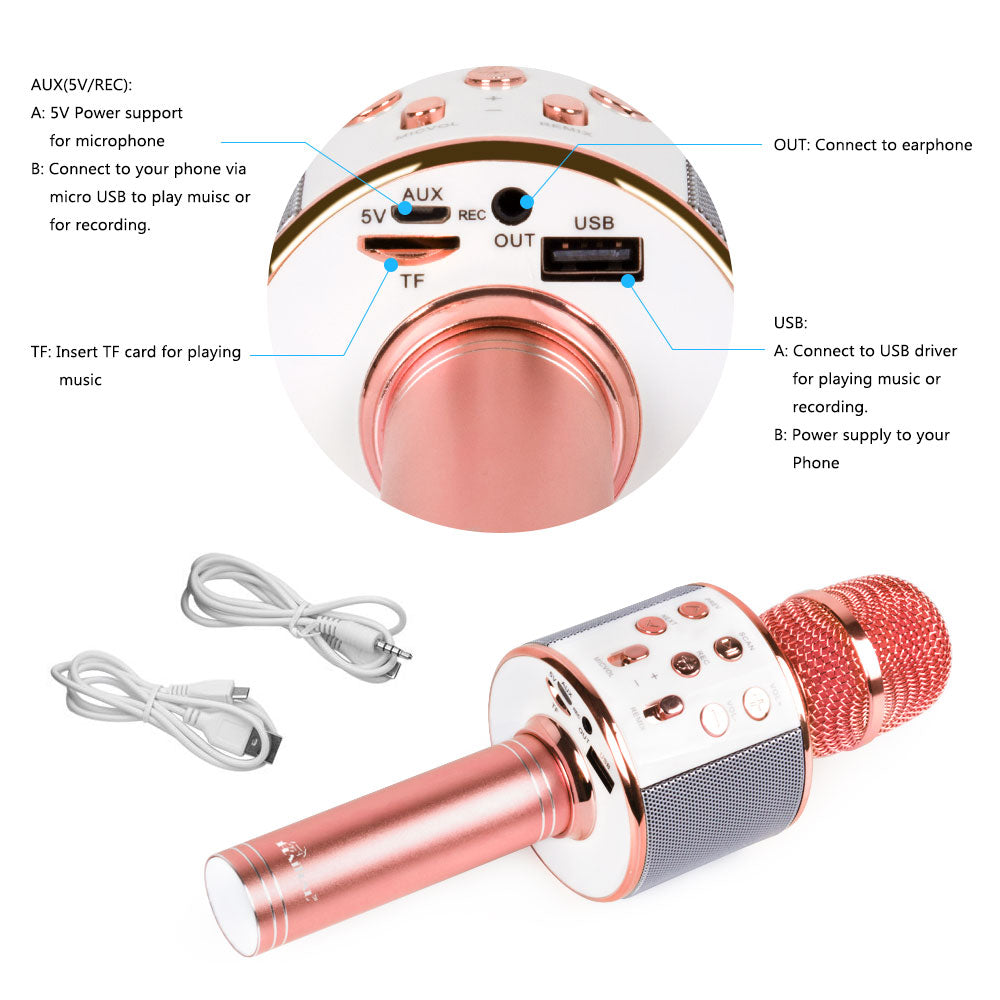 Rose Gold Bluetooth Karaoke Microphone Handheld Wireless Mic Speaker Portable Singing Microphone for Home Party
