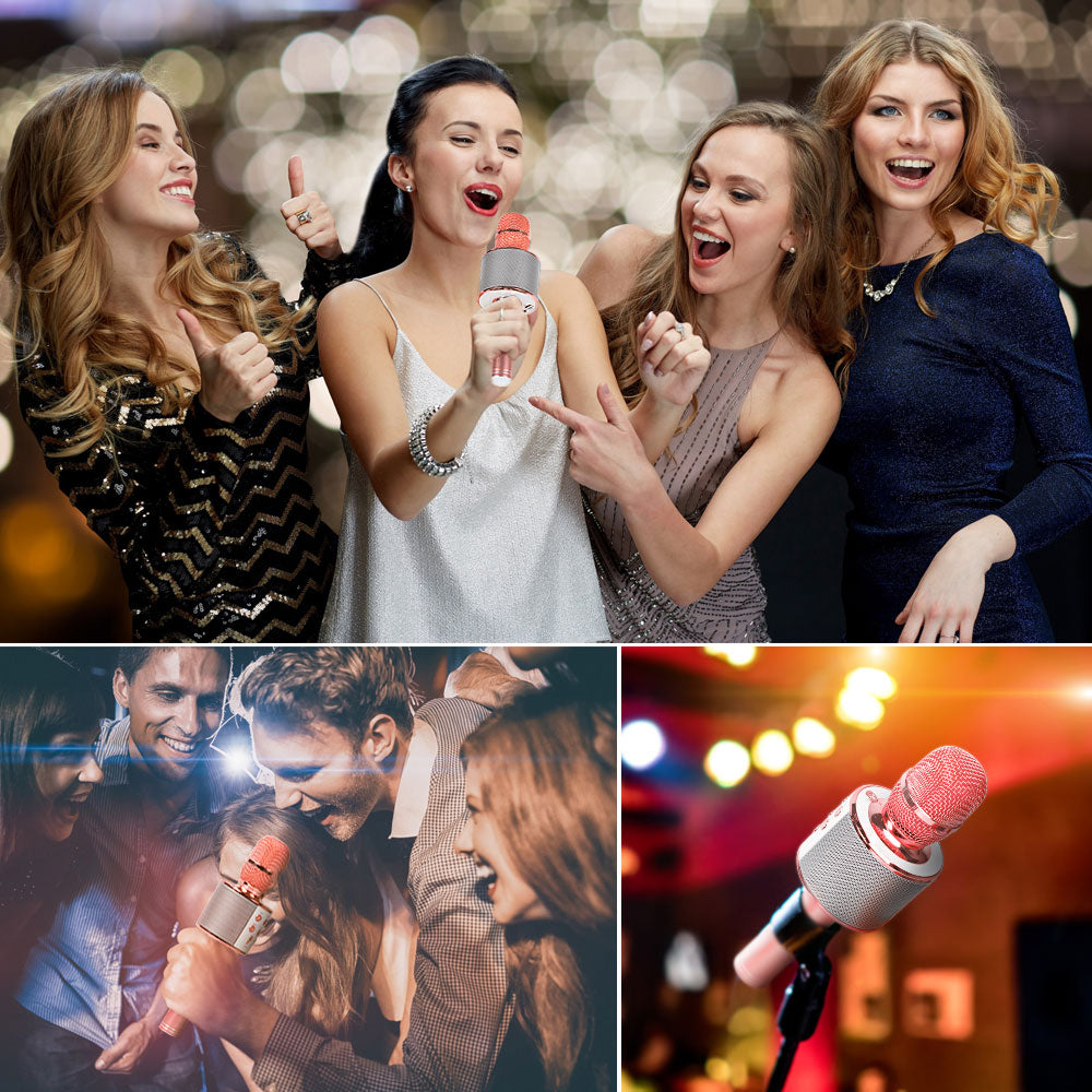 Rose Gold Bluetooth Karaoke Microphone Handheld Wireless Mic Speaker Portable Singing Microphone for Home Party