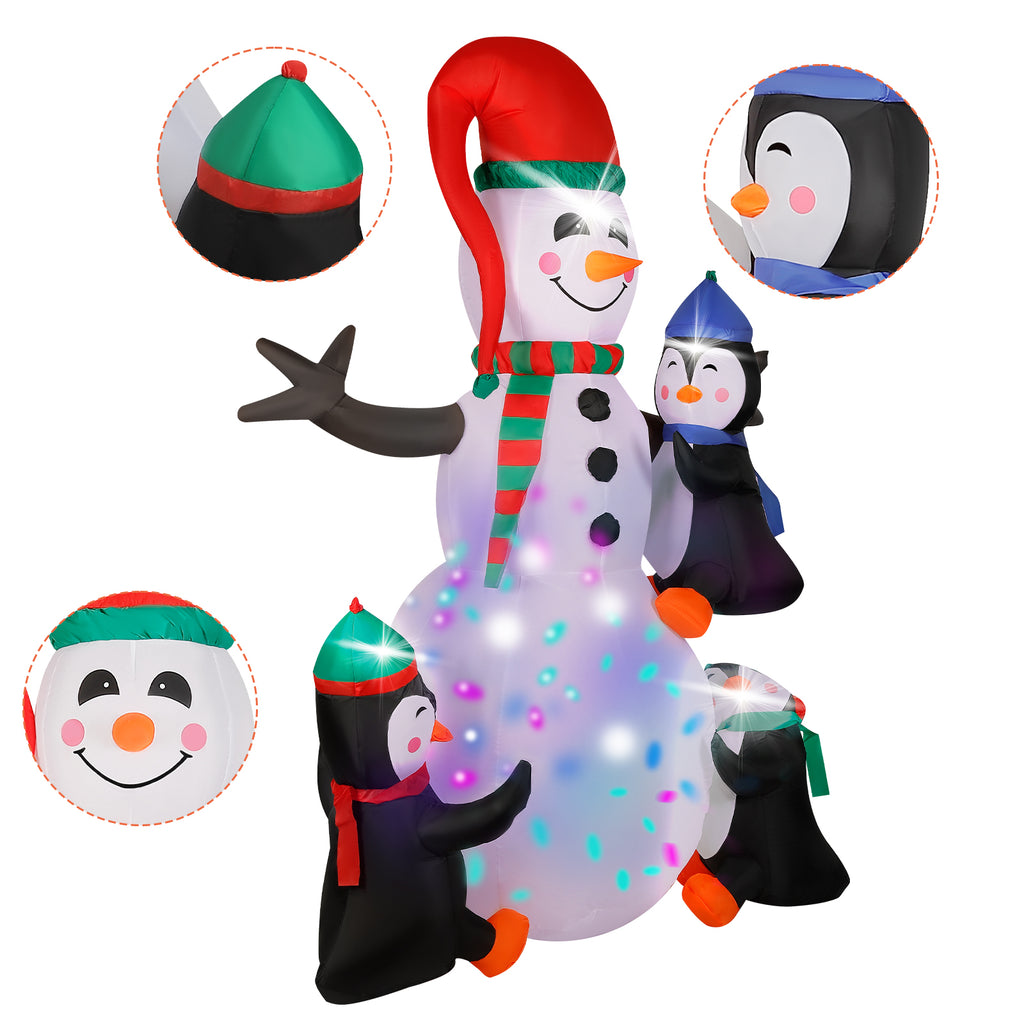 7FT Christmas Inflatable Snowman with 3 Penguins & Rotating Multi-Color LED Lights, Animated Yard Decor